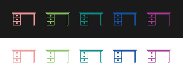 设置办公桌图标孤立在黑色和白色图片下载