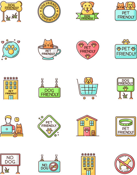 狗友好和没有宠物标志RGB彩色图标设置图片下载