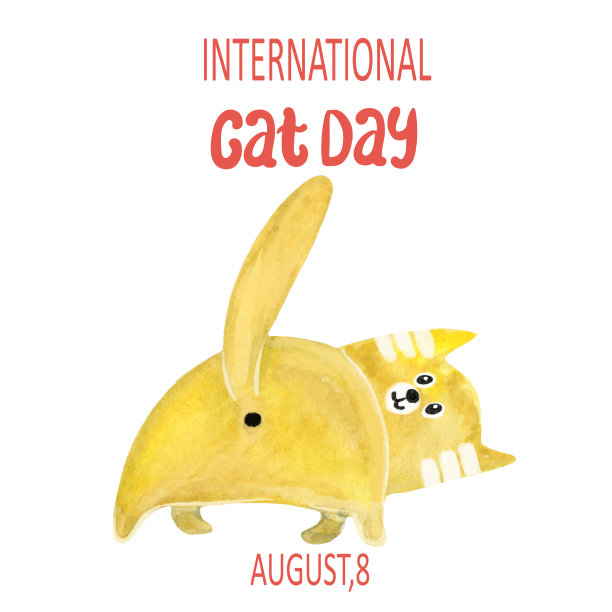 黄色虎斑猫水彩画站在后退，字母国际猫日，8月8日。图片下载