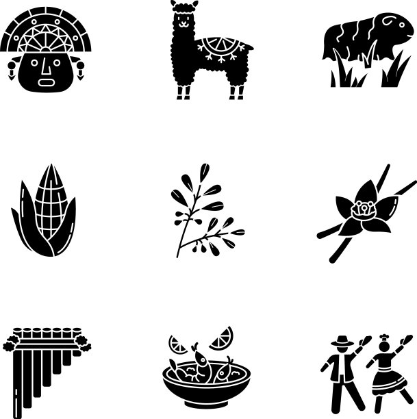 秘鲁黑色字形图标设置在空白图片下载