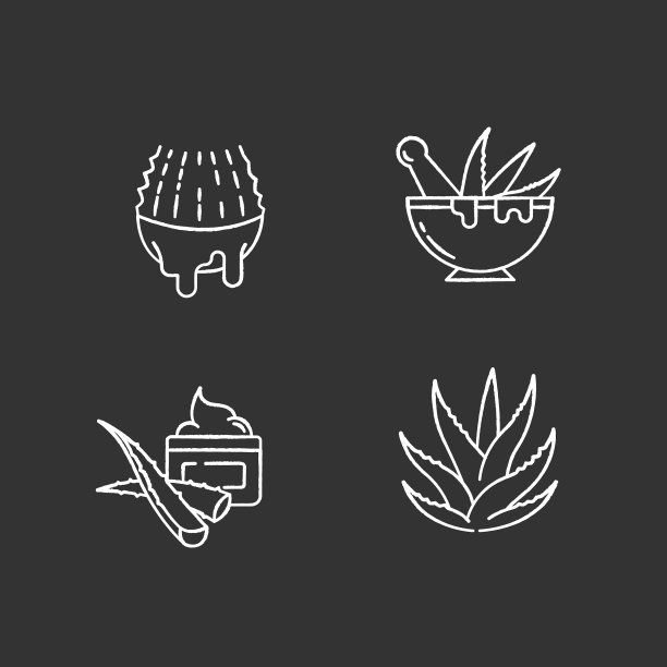 黑色背景上的白色芦荟粉笔图标集图片下载