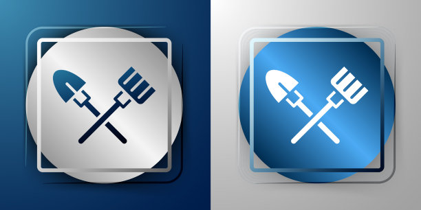 白色铲子和耙子图标孤立在蓝色和图片下载