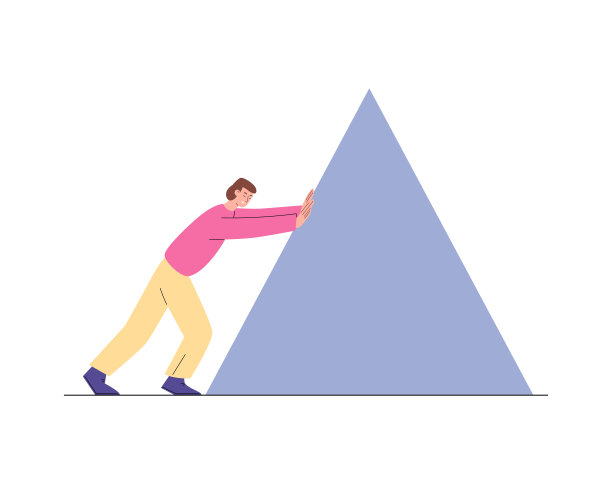 商人推着巨大沉重的石头，平面矢量图孤立。图片下载