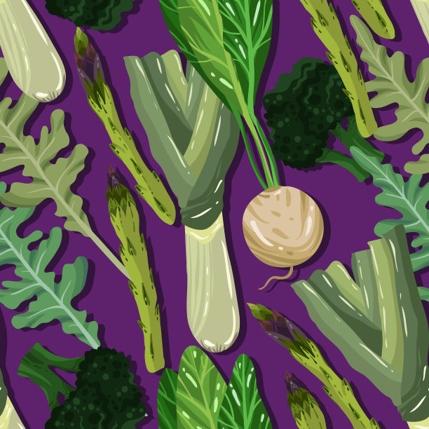 矢量插图。健康的绿色食品。韭菜，萝卜，芝麻菜，芦笋，西兰花。手工制作，深色背景，无缝图案图片下载