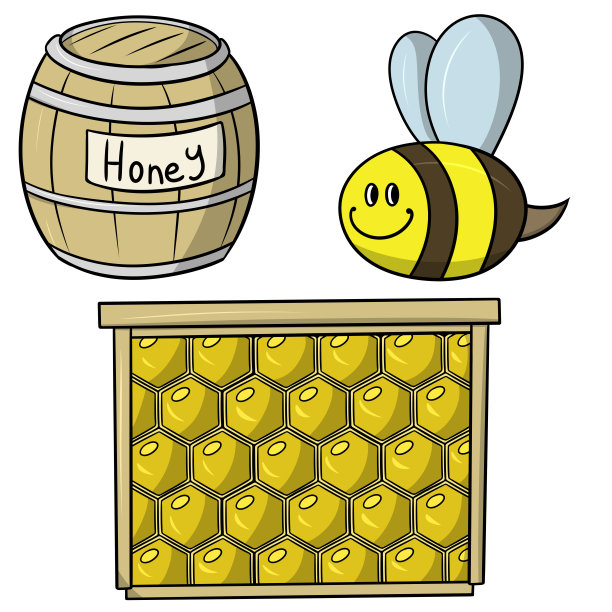 一组卡通形象，上面有一只微笑的善良的蜜蜂，还有一桶刻有“蜂蜜”字样的蜂蜜图片下载
