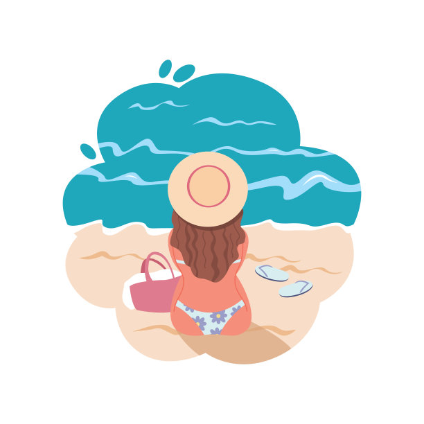 戴着帽子的年轻女孩正在海滩上休息。以卡通女性人物为背景的海洋景观。后视图。炎热的夏天。平面向量插图。所有元素都是隔离的。图片下载