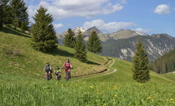 奥地利蒂罗尔山区，3名老年人骑着电动自行车图片下载