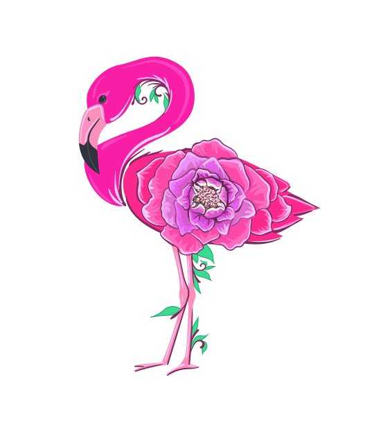 粉红色的火烈鸟，身上有一朵花。一只卡通风格的明亮的鸟。矢量插图孤立在白色背景上图片下载