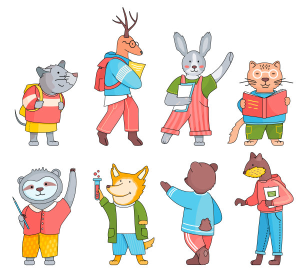 学生卡通动物套装，可爱的人物在大学学习，回到学校，知识图片下载