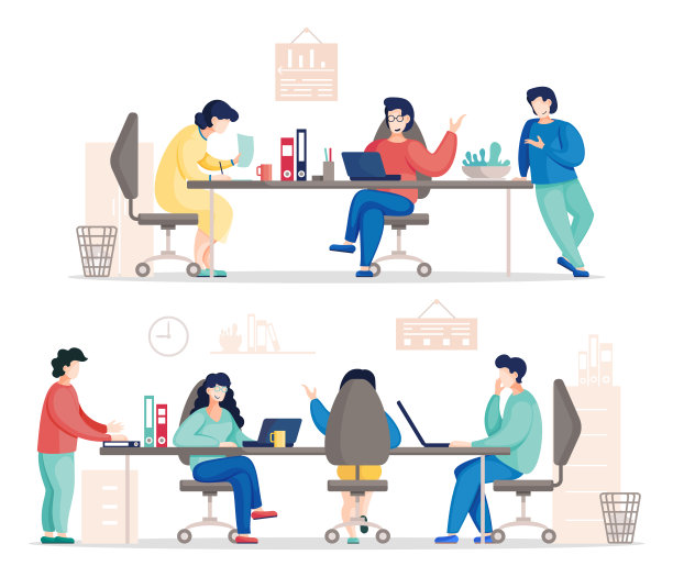 平面矢量插画办公室里忙碌的人，同事在工作中交流图片下载