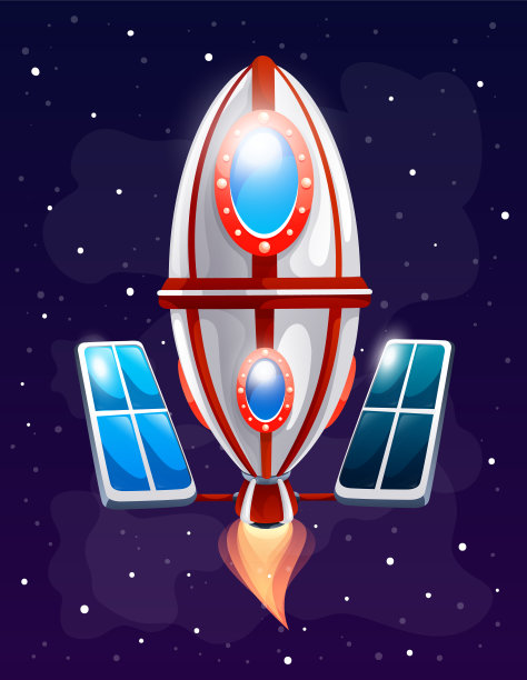 宇宙飞船的卡通图标在星系背景与星星，图标为游戏，空间主题图片下载