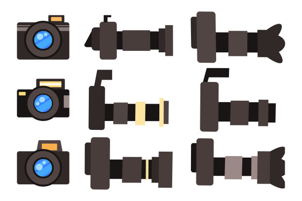 一套矢量图标，专业高分辨率相机可拆卸镜头，摄影设备图片下载
