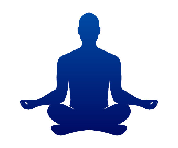 瑜伽大师摆莲花姿势。放松，冥想的男人蓝色剪影在禅状态矢量标记图片下载