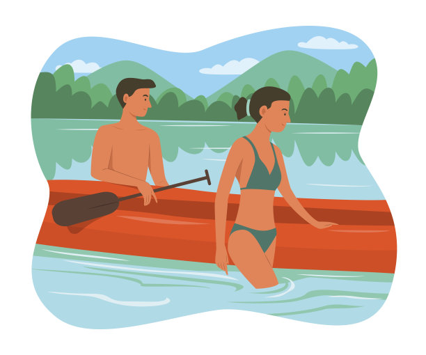 男人和女人在河里玩独木舟。图片下载