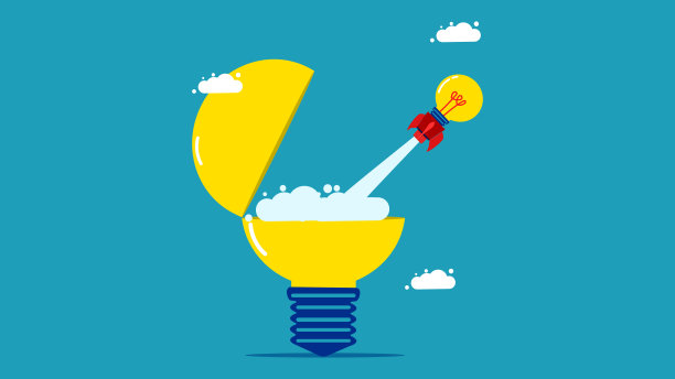 引入新的创新。在商业上有一个创造性的开始。火箭发射从开放式灯泡的概念图片下载
