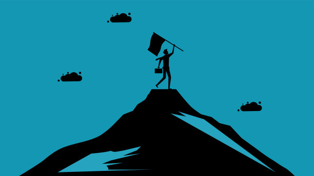 成功的商人在山顶举着旗帜。商业概念轮廓向量图片下载