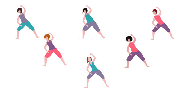 美丽的教练女性拉伸教练，伟大的设计为任何目的。卡通平面矢量插图。一群女性在教练的指导下进行健身、普拉提、瑜伽和伸展运动。运动服装。图片下载