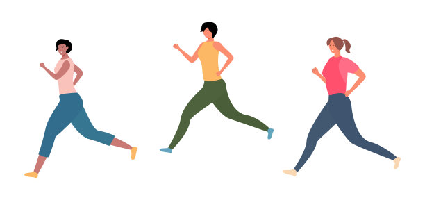 美丽的卡通女孩跑马拉松，夏季运动为生活方式设计。夏天的户外活动。户外运动。矢量平面插图。三个女孩穿着五颜六色的运动服。图片下载