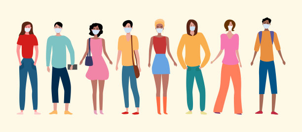 白色背景下戴着面具的年轻外国学生。世界医学概念。矢量平面插图。现代国际男孩和女孩。朋友在一起。青年企业家的联合商务会议。图片下载