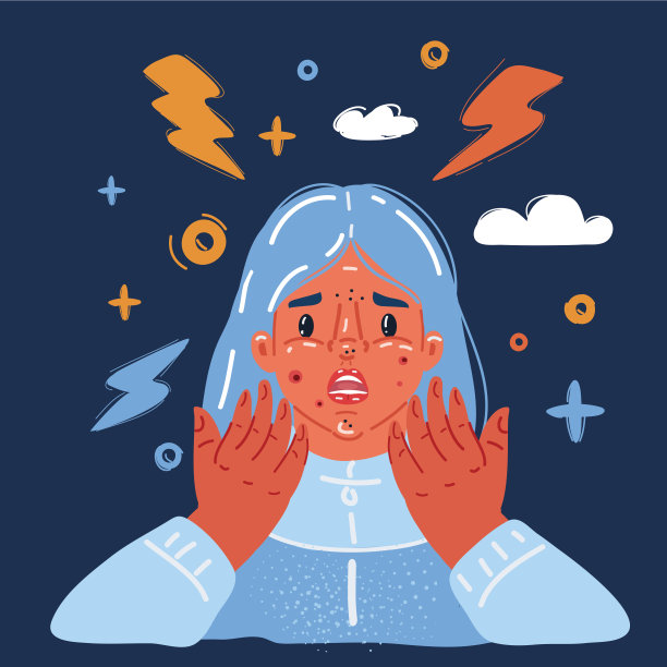 向量插图悲伤的青少年有一个青春痘向量卡通。缺乏安全感的青少年感觉不快乐的痤疮问题在黑暗的背景。图片下载