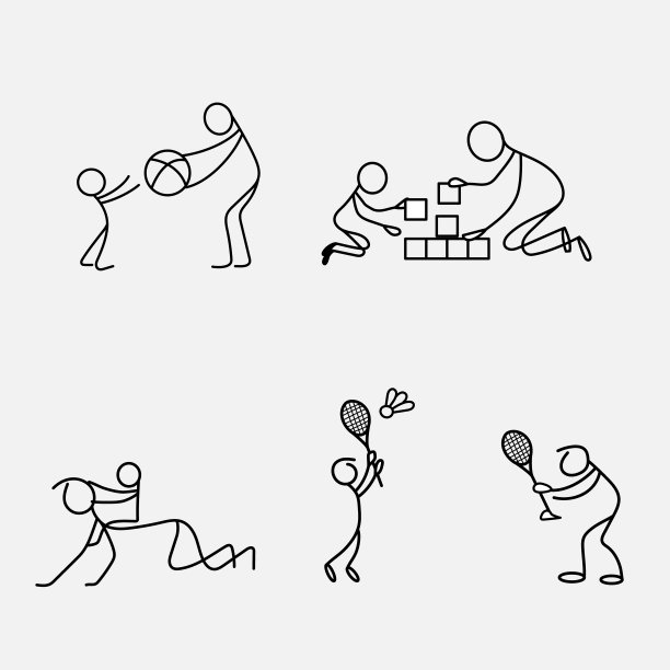 卡通图标运动素描小人在可爱的微型场景。图片下载