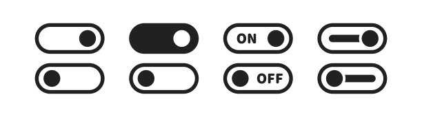 切换开关图标设置。矢量插图。“打开”“关闭”滑块切换符号收集。图片下载