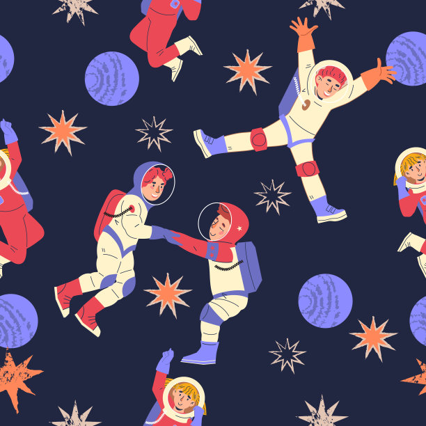 太空无缝图案设计有星星、宇航员、儿童火箭、矢量。图片下载