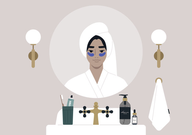 一个复古的浴室内部，一个年轻的亚洲男性角色使用美容眼罩，日常皮肤抗衰老的例行程序图片下载