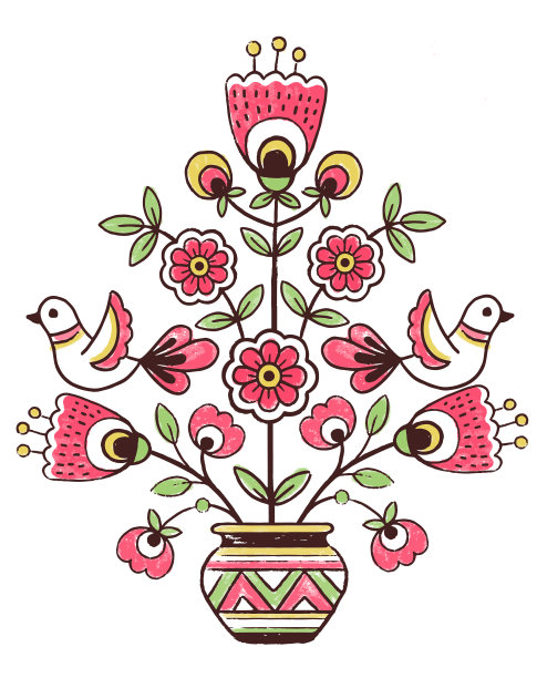矢量图案设计在风格上体现了乌克兰民间传统的生命树刺绣。手绘花卉元素，树叶和鸟类图片下载