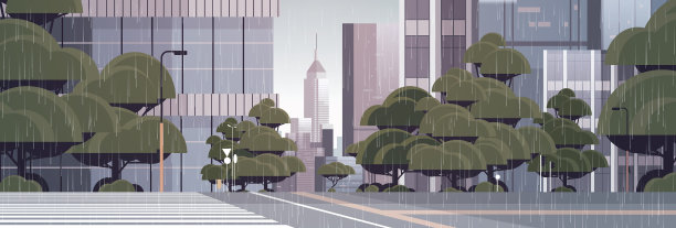 雨空街路有人行横道的城市图片下载