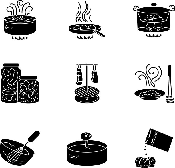 食品准备黑色字形图标设置在白色图片下载