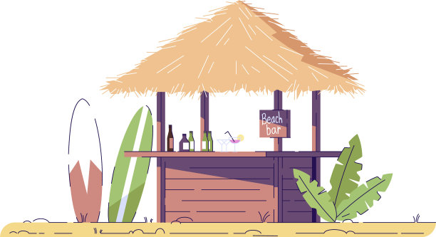 空无一人的海滩酒吧和扁平的冲浪板涂鸦图片下载