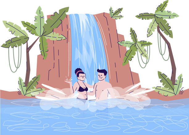 一对夫妇在瀑布游泳扁平的涂鸦图片下载
