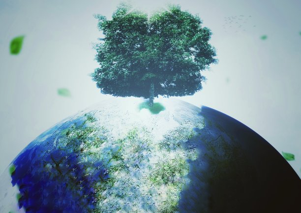 带有环境保护概念的居住在球体上的树木的3D插图图片下载