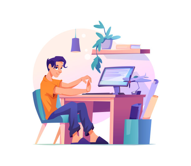 男人伸展手工作场所在家里展示书桌图片下载