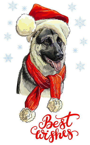 圣诞犬德国牧羊犬手绘图片下载