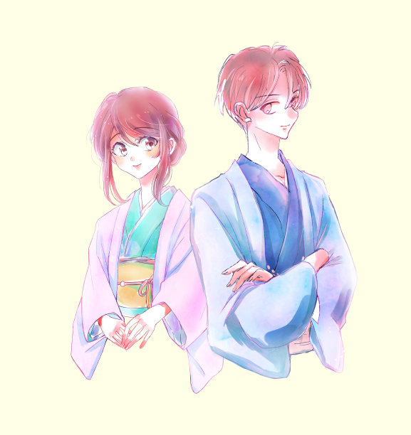 男人和女人穿着和服的插图图片下载