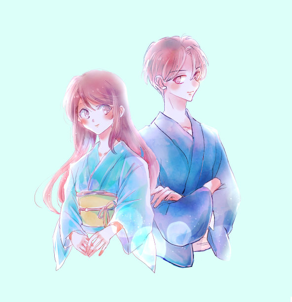 男人和女人穿着和服的插图图片下载