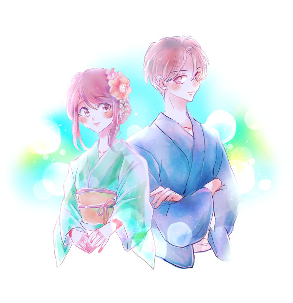 男人和女人穿着和服的插图图片下载