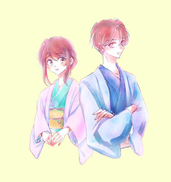 男人和女人穿着和服的插图图片下载