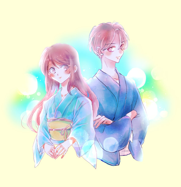 男人和女人穿着和服的插图图片下载