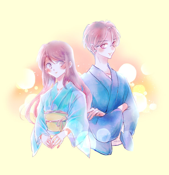 男人和女人穿着和服的插图图片下载