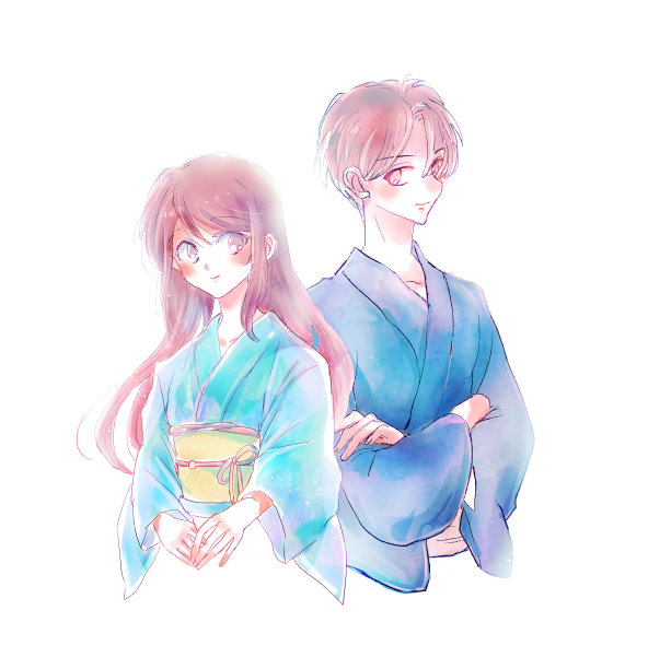 男人和女人穿着和服的插图图片下载