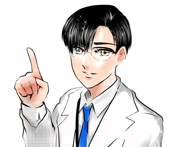 彩色插图日本漫画，画的是一位戴眼镜的帅气医生在体检时微笑着给病人建议和鼓励。图片下载