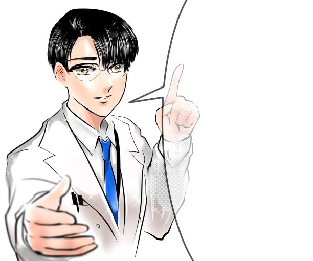 彩色插图日本漫画，画的是一位戴眼镜的帅气医生在体检时微笑着给病人建议和鼓励。图片下载