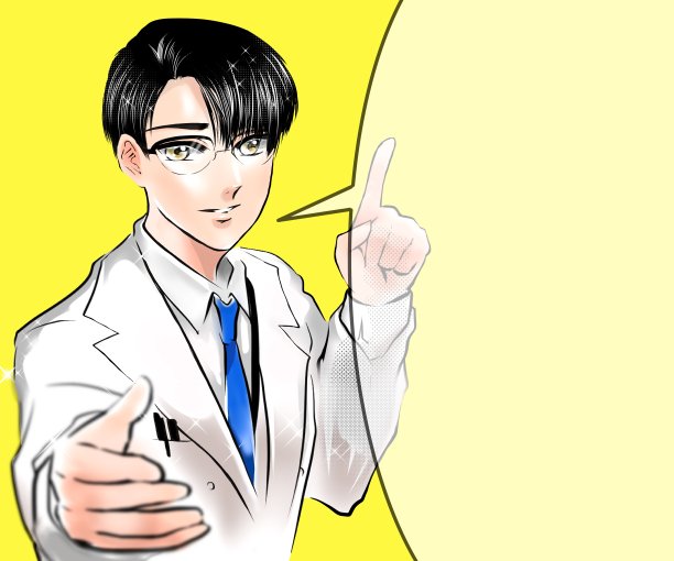 彩色插图日本漫画，画的是一位戴眼镜的帅气医生在体检时微笑着给病人建议和鼓励。图片下载