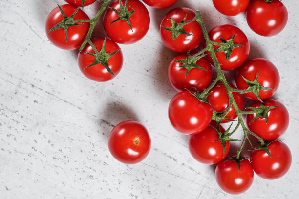 在白色的石头上，红色的小番茄和绿色的藤蔓像木板一样，从上面看图片下载