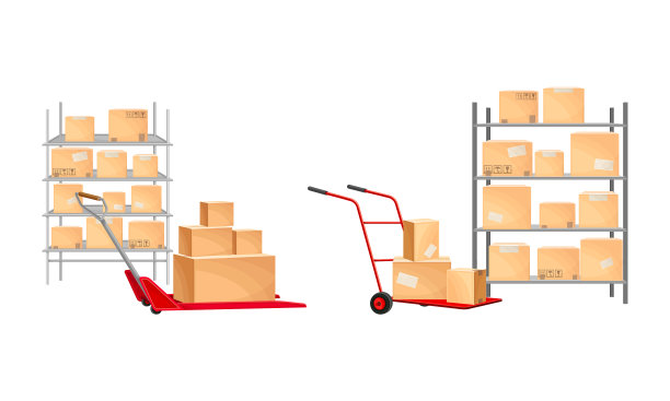 纸板箱搁在手推车上，搁在架子上图片下载