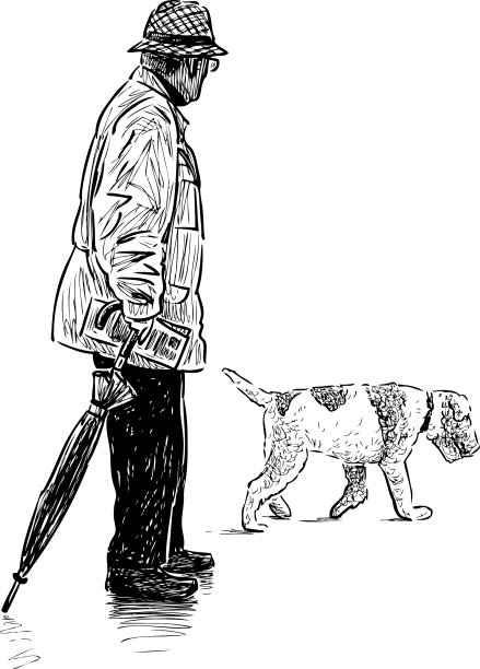 一个戴着帽子带着伞的老人的素描图片下载