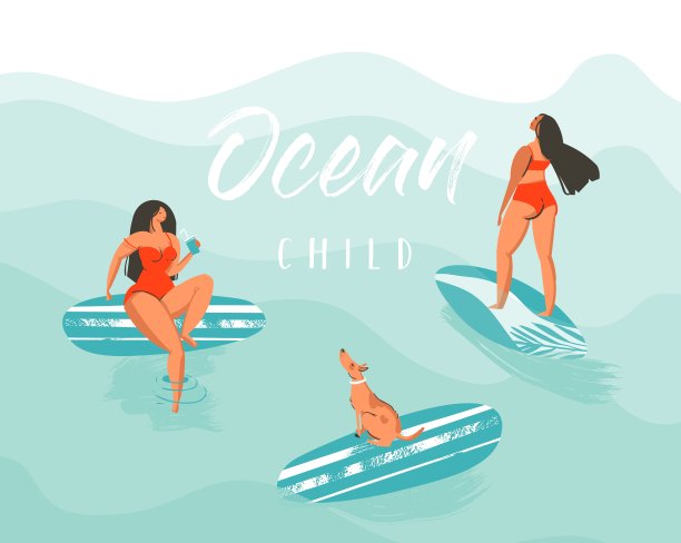 手绘矢量抽象夏天有趣的插画海报冲浪女孩在红色比基尼与狗在蓝色的海浪和现代书法引用海洋孩子图片下载
